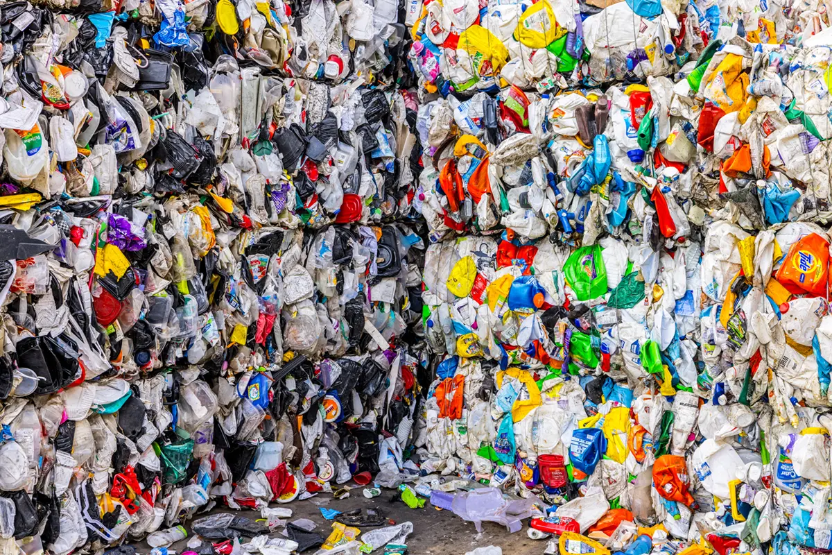 Baled plastics ready for processing at BS3